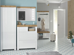 Shoe Cabinet Storage White Gloss Small Lowboard Hallway Unit Oak Effect Scandi - Holten - thumbnail 3