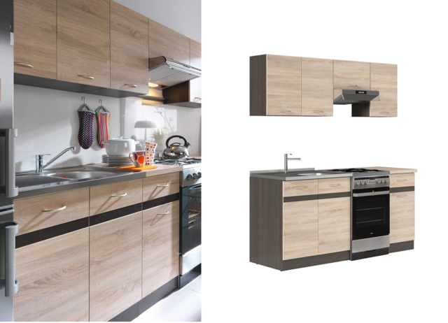 Kitchen Cabinets 5 Unit Set Wall and Base Complete Kitchenette 170cm Dark Wood Wenge and Oak Effect - Junona - image 1