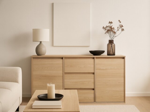 Sideboard with Drawers Cabinet 3 Drawer Chest Storage Unit White Washed Light Oak Effect 138cm - Mana - image 1