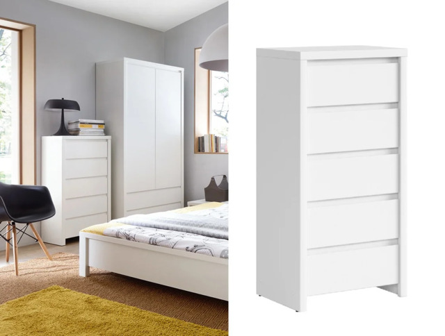 White Tallboy Chest of Drawers 5 Drawer Tall Slim Storage Modern Handless Bedroom Living Room Unit 56cm - Kaspian - image 1
