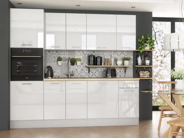 Kitchen Cabinets Set 7 Units Tall Oven Housing 240cm Soft Close White High Gloss - Ella - image 1