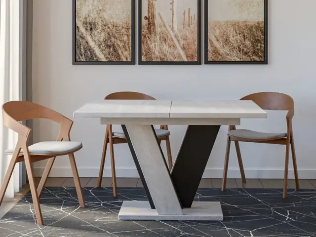 Extendable Dining Table 120-160cm 6-8 Seater Modern Marble Grey Stone with Black V Legs - Vera - image 1