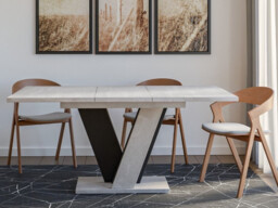 Extendable Dining Table 120-160cm 6-8 Seater Modern Marble Grey Stone with Black V Legs - Vera - thumbnail 2
