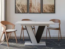 Extendable Dining Table 120-160cm 6-8 Seater Modern Marble Grey Stone with Black V Legs - Vera - thumbnail 1