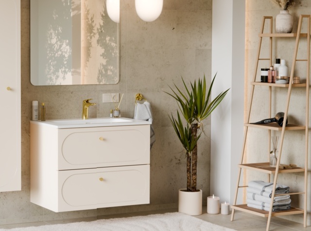 Bathroom Vanity Unit with Sink 600mm Modern Wall Cabinet Floating Soft Close Milled Drawers Beige Cashmere - Donna - image 1