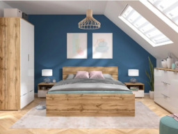 Modern Double Bed Frame Headboard Wooden Slats 140 cm Wotan Oak - Zele - thumbnail 4