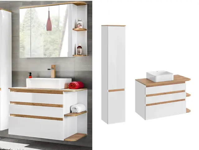 White Gloss Bathroom Cabinets Furniture Set Tall Cabinet Wall Hung Vanity Sink Unit Oak Worktop - Platinum - image 1