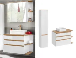 White Gloss Bathroom Cabinets Furniture Set Tall Cabinet Wall Hung Vanity Sink Unit Oak Worktop - Platinum - thumbnail 1