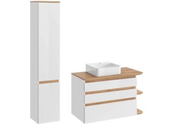 White Gloss Bathroom Cabinets Furniture Set Tall Cabinet Wall Hung Vanity Sink Unit Oak Worktop - Platinum - thumbnail 4