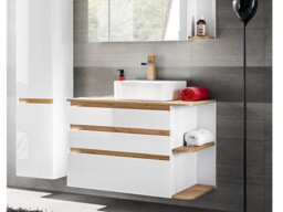 White Gloss Bathroom Cabinets Furniture Set Tall Cabinet Wall Hung Vanity Sink Unit Oak Worktop - Platinum - thumbnail 3