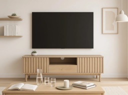 TV Unit with Storage Modern Cabinet 160cm Wide Stand Washed Light Oak for up to 65 inch TV – Saori - thumbnail 2