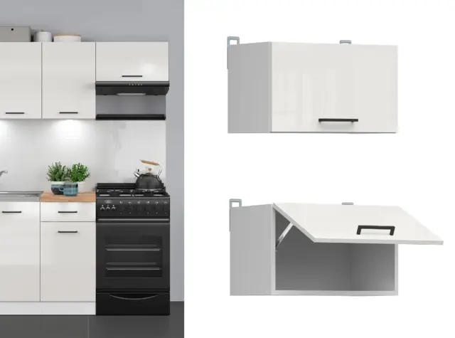 Kitchen Wall Unit 500mm Extractor Fan Housing Cabinet Lift Up Half Height Door White Chalk Gloss - Junona - image 1