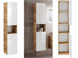 Bathroom Cabinet Tall Wall Mounted Storage Tallboy White Gloss and Oak Modern Display Shelf Unit - Aruba - thumbnail 1