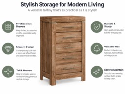 Chest of Drawers 70cm Modern Tall Narrow 5 Drawer Tallboy Dresser Storage Unit Oak Effect - Gent - thumbnail 4