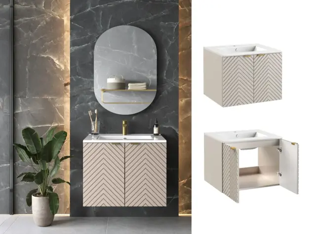 Bathroom Vanity Unit with Basin 600mm Ribbed Fluted Cashmere Beige Wall Mounted Floating Cabinet - Cara - image 1