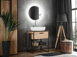 700mm Vanity Unit Floor Standing Bathroom Cabinet with 600mm Oak Countertop and Drawer Loft Black Metal - Brooklyn - thumbnail 2