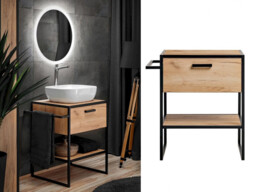 700mm Vanity Unit Floor Standing Bathroom Cabinet with 600mm Oak Countertop and Drawer Loft Black Metal - Brooklyn