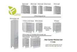 Kitchen Corner Cabinets L Shaped Set of 11 Units with Slim Larder Cupboard Light Grey Gloss - Star - thumbnail 2