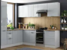 Kitchen Corner Cabinets L Shaped Set of 11 Units with Slim Larder Cupboard Light Grey Gloss - Star - thumbnail 1