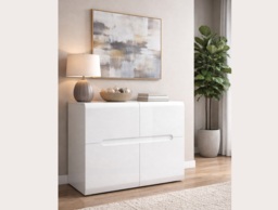 White High Gloss Sideboard Small Cabinet Square Storage Unit with Black Gloss and Dark Wooden Insert - Azteca - thumbnail 2