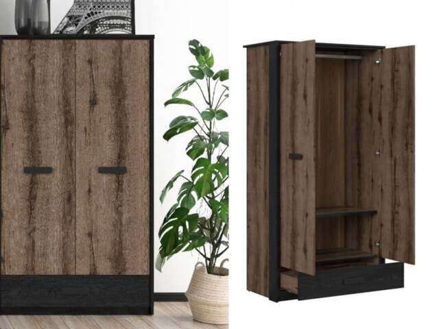 Double Wardrobe with Drawer Hanging Rail 2 Door Storage Unit Oak and Black Effect - Kassel - image 1