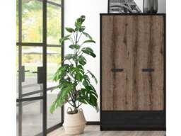 Double Wardrobe with Drawer Hanging Rail 2 Door Storage Unit Oak and Black Effect - Kassel - thumbnail 3