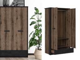 Double Wardrobe with Drawer Hanging Rail 2 Door Storage Unit Oak and Black Effect - Kassel - thumbnail 1