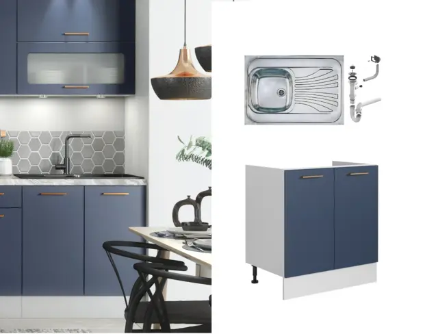 Kitchen Sink with Cupboard Midnight Blue Unit Sit On Stainless Steel Sink 800mm Cabinet Dark Navy - Nora - image 1