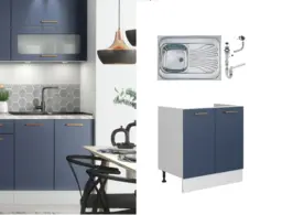 Kitchen Sink with Cupboard Midnight Blue Unit Sit On Stainless Steel Sink 800mm Cabinet Dark Navy - Nora