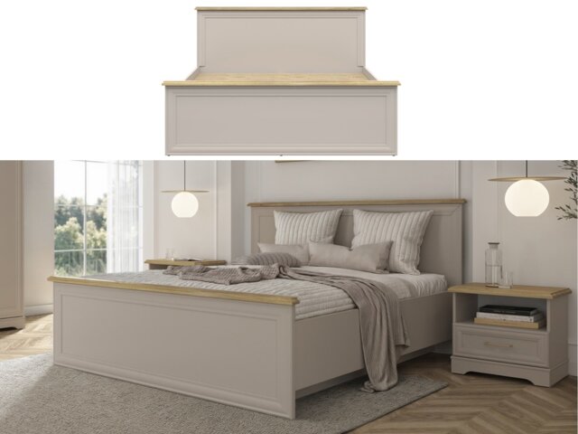 King Size Bed Frame Euro 160cm Shaker Headboard Footboard Solid Wood Slats Cashmere Beige and Mauvelle Oak - Anga - image 1
