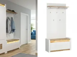 White Gloss and Oak Hallway Coat and Shoe Storage Hallway Furniture Set with LED Light Hooks Cabinet - Alameda - thumbnail 1