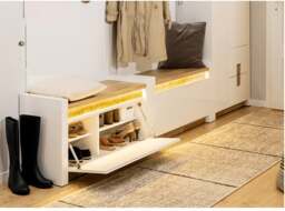 White Gloss and Oak Hallway Coat and Shoe Storage Hallway Furniture Set with LED Light Hooks Cabinet - Alameda - thumbnail 2