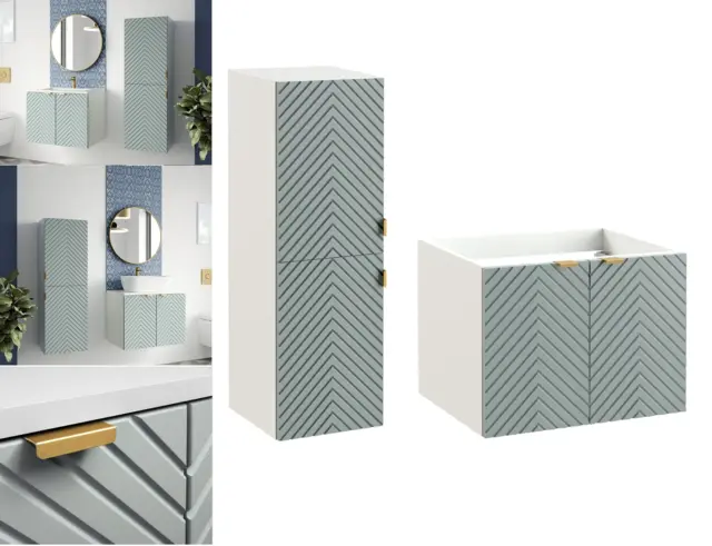 Wall Bathroom Set 600mm Vanity Cabinet and Tall Storage Tallboy Unit Ribbed Fluted Soft Green Doors - Cara - image 1
