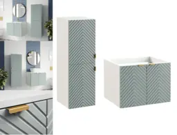 Wall Bathroom Set 600mm Vanity Cabinet and Tall Storage Tallboy Unit Ribbed Fluted Soft Green Doors - Cara - thumbnail 1