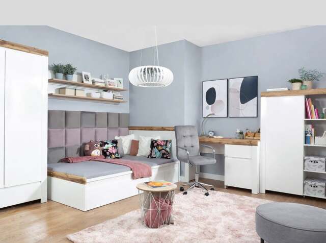 Kids Bedroom Furniture Set Small Double Bed Desk Wardrobe Bookcase White Gloss Oak 4 Piece - Holten - image 1