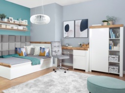 Kids Bedroom Furniture Set Small Double Bed Desk Wardrobe Bookcase White Gloss Oak 4 Piece - Holten - thumbnail 2