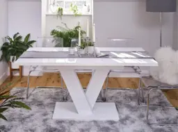 White Gloss Dining Table Extendable 120 to 160cm Top Stylish Modern V Pedestal Leg 6-8 Seater - Masy Pro - thumbnail 4