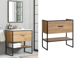 800mm Vanity Unit Floor Standing Oak Bathroom Cabinet with Drawer Loft Industrial Luxury Black Metal - Brooklyn