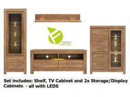 Modern Farmhouse Living Room Furniture Set with Glass Display Cabinet TV Unit LED Lights Oak Effect - Gent - thumbnail 2