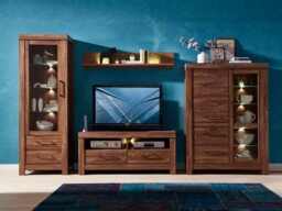 Modern Farmhouse Living Room Furniture Set with Glass Display Cabinet TV Unit LED Lights Oak Effect - Gent