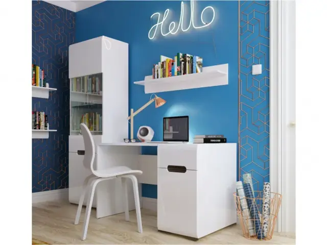 White Gloss Office Study Furniture Set: Desk Wall Shelf Tall Glass Display Cabinet - Azteca Trio - image 1