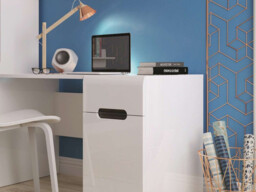 White Gloss Office Study Furniture Set: Desk Wall Shelf Tall Glass Display Cabinet - Azteca Trio - thumbnail 3