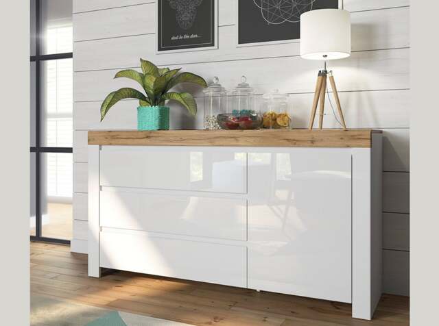 Large Sideboard Cabinet White Gloss Dresser with Drawers Scandi Oak Bedroom Living Room Storage 156cm - Holten - image 1
