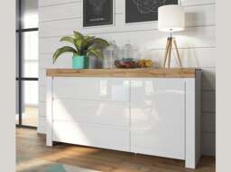 Large Sideboard Cabinet White Gloss Dresser with Drawers Scandi Oak Bedroom Living Room Storage 156cm - Holten