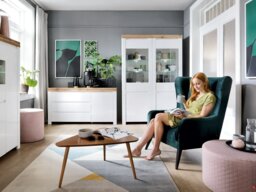 Large Sideboard Cabinet White Gloss Dresser with Drawers Scandi Oak Bedroom Living Room Storage 156cm - Holten - thumbnail 2