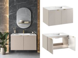 Bathroom Vanity Unit with Basin 800mm Herringbone Cashmere Beige Wall Mounted Floating Cabinet - Cara - thumbnail 1