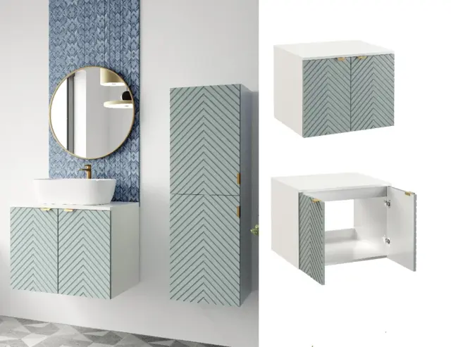 Bathroom Vanity Cabinet 600mm Unit Wall Mounted Floating Ribbed Fluted Doors Soft Green with White Worktop - Cara - image 1