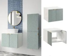 Bathroom Vanity Cabinet 600mm Unit Wall Mounted Floating Ribbed Fluted Doors Soft Green with White Worktop - Cara - thumbnail 1