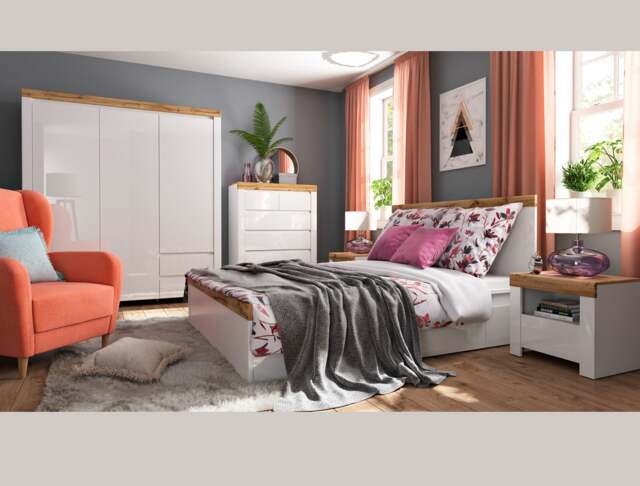 White Gloss Bedroom Furniture Set Euro King Size Bed Frame and Storage Units Scandi 5-Piece - Holten - image 1