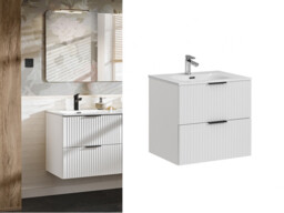 Bathroom Cabinet with Sink White Vanity Unit 600mm Basin Fluted Ribbed Wall Hung Floating Cabinet - Adel